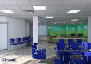 A 3d render of a reception area for a council office, created by 3drenders.co.uk using 3ds Max and V-Ray.