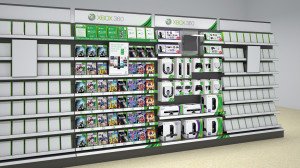 A 3d render of a new POS design layout for the launch of a new games console. 3d render created by 3drenders.co.uk using 3DS Max and V-Ray.