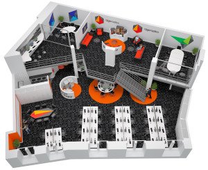 A 3d office floor plan of a new office open plan layout design scheme. Created by 3drenders.co.uk using 3DS Max and V-Ray.