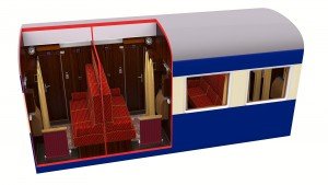 A cutaway 3d render of an overnight train cabin showing daytime seating layout - created by 3drenders.co.uk using 3DS Max and V-Ray.