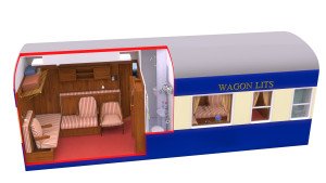 A 3d render cutaway to show luxury train cabin seating during daytime - created by 3drenders.co.uk using 3DS Max, V-Ray and Photoshop.