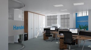 A photo-realistic 3d render of an office interior, rendered using 3DS Max and V-Ray, created by 3drenders.co.uk