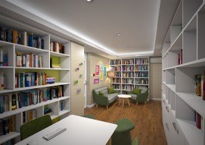 A highly accurate and photo-real interior design 3d render of a corporate library area. Created by 3drenders.co.uk using 3ds Max and V-Ray.